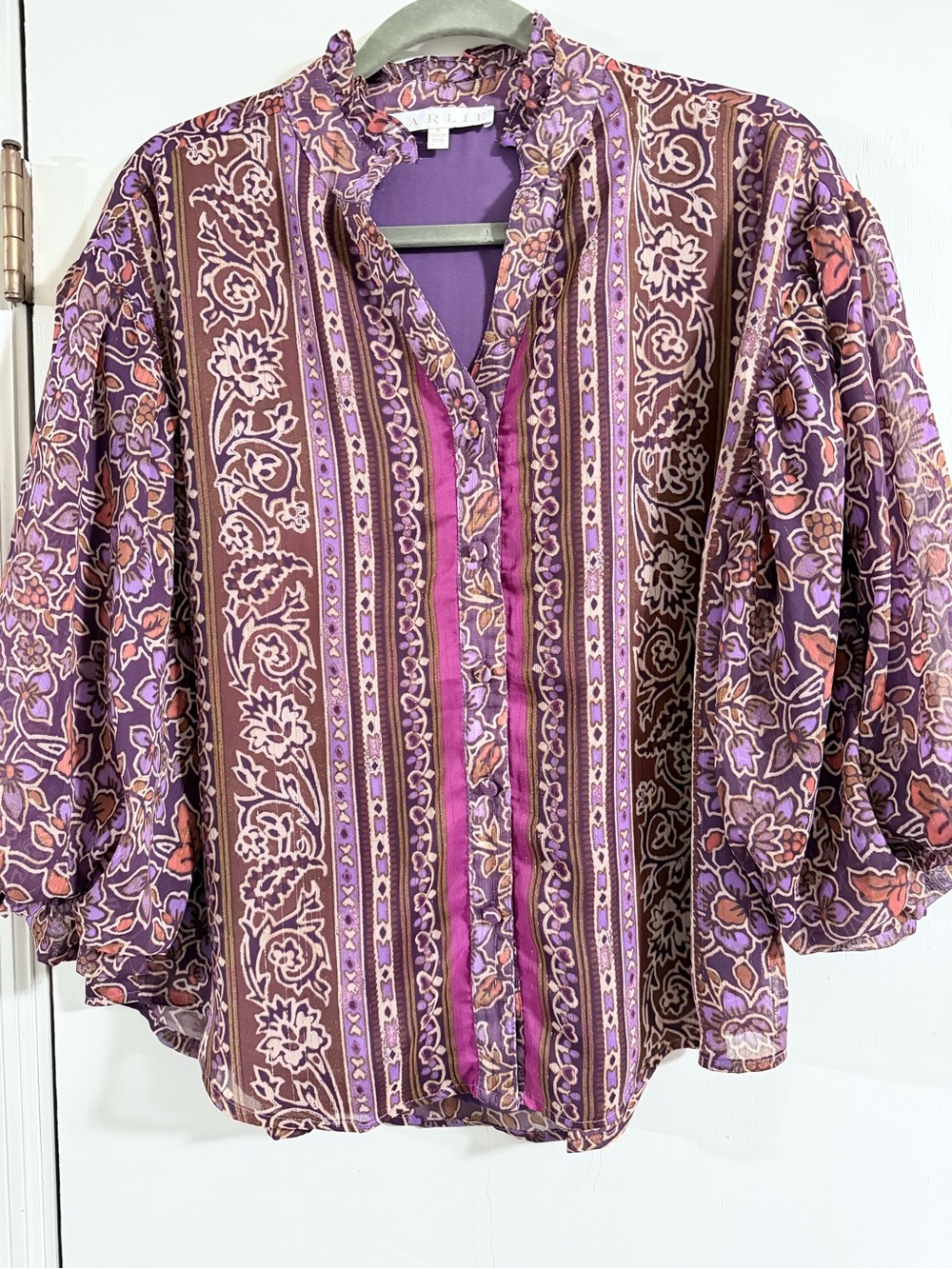 Karlie Purple Floral Stripe Peasant Blouse with Metallic Threas